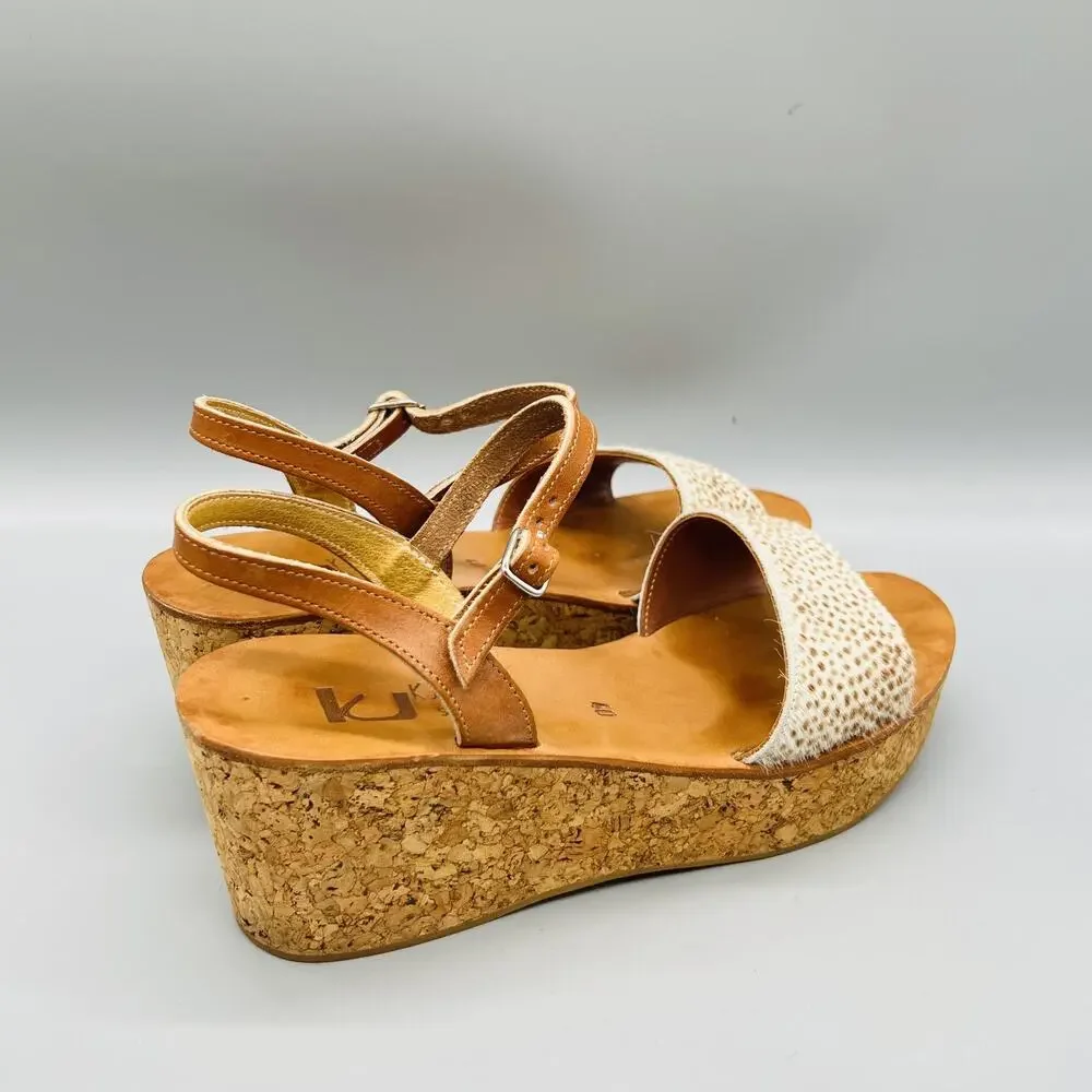 K Jacques St Tropez Sandals Womens 9 Brown Leather Cork Platform Wedge Shoes